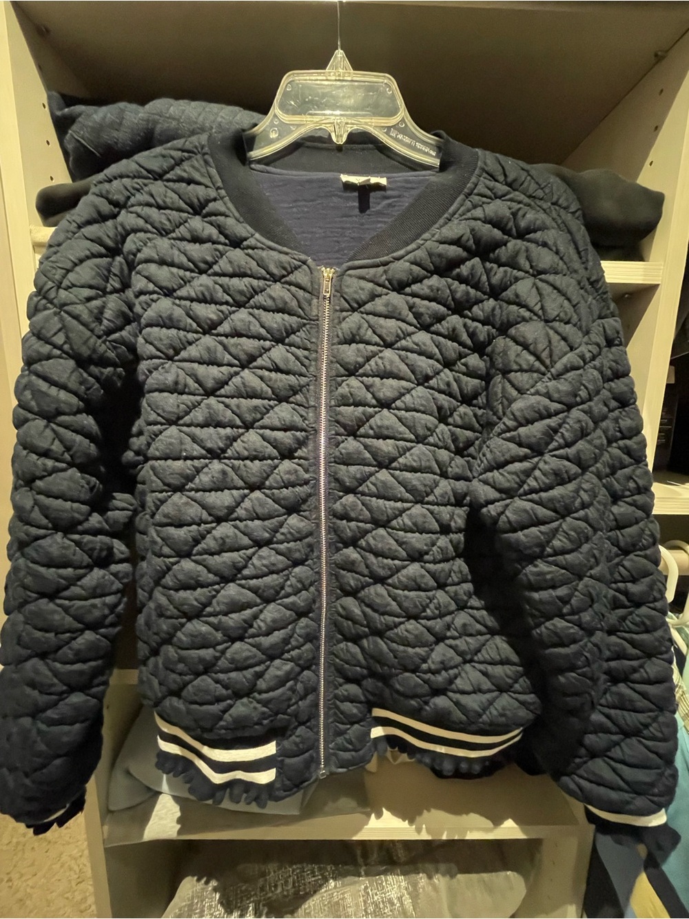 Women's Navy Quilted Bomber Jacket with Striped Hem